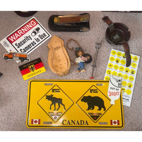 Assorted Vintage Smalls - Genuine Leather Satchel Folding Pocket Knife Informative Signs & more
