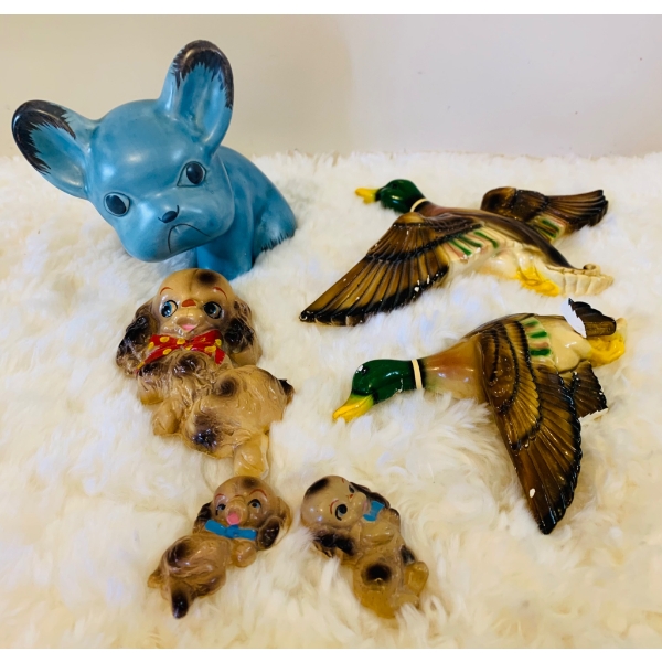Vintage Ceramic Bull Dog Chalk Wear Plaques, Including Dog Group and Flying Ducks