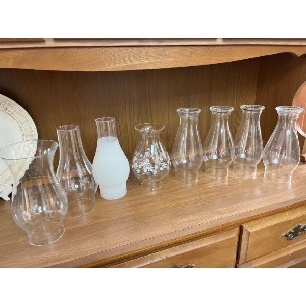 4 VTG BEADED TOP GLASS OIL HURRICANE LAMP CHIMNEY GLOBE plus 4 others, and wooden chair. 