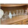 Image 1 : 4 VTG BEADED TOP GLASS OIL HURRICANE LAMP CHIMNEY GLOBE plus 4 others, and wooden chair. 