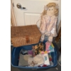 Image 1 : Basket, Girl Figure and Assorted Fine Linens Incl. New 100% Irish Linen 66x84 