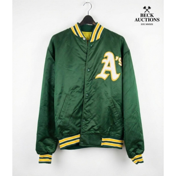 vintage Oakland Athletics Starter satin bomber jacket in green with the team's 'A' logo on the chest