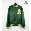 Image 1 : vintage Oakland Athletics Starter satin bomber jacket in green with the team's 'A' logo on the chest