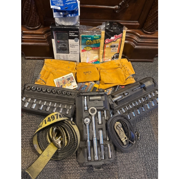 New Genuine Leather KUNTY'S Tool Pouch w/ Assorted Hand Tools & Tack Cloth 