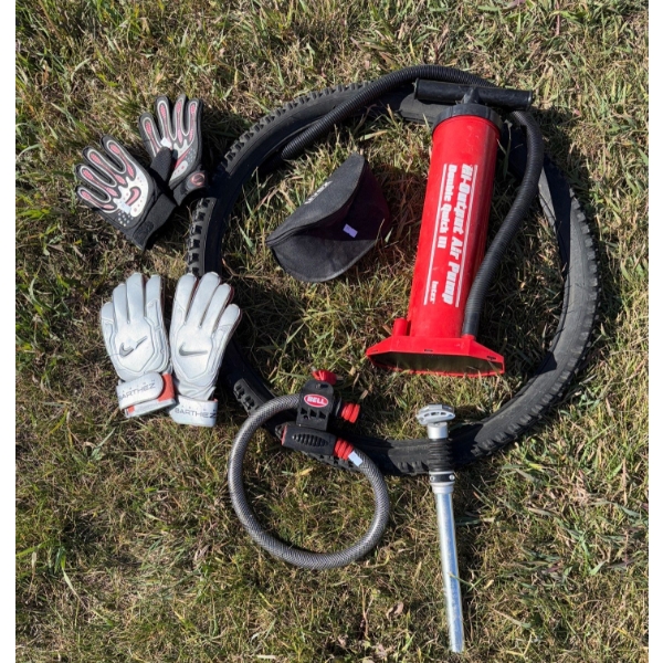 Bicycle parts Nike Intex pump and Bell Bike lock and gloves
