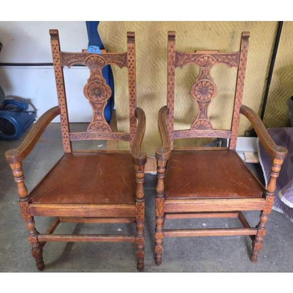 Carved Wood Armchairs with Leather Seats