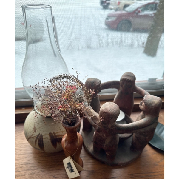 Stonewear Pottery Kerosine Lamp 15"tall w/ 'Circle Of Friends' Clay Garden Ornament 