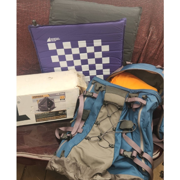Camping Gear Lot With Frabill Shelter, MEC Backpack, Sleeping Pad