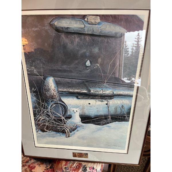 print by Robert M Fisher, 1983 Olds, Alberta, titled weasel and old car hand signed by artist limite