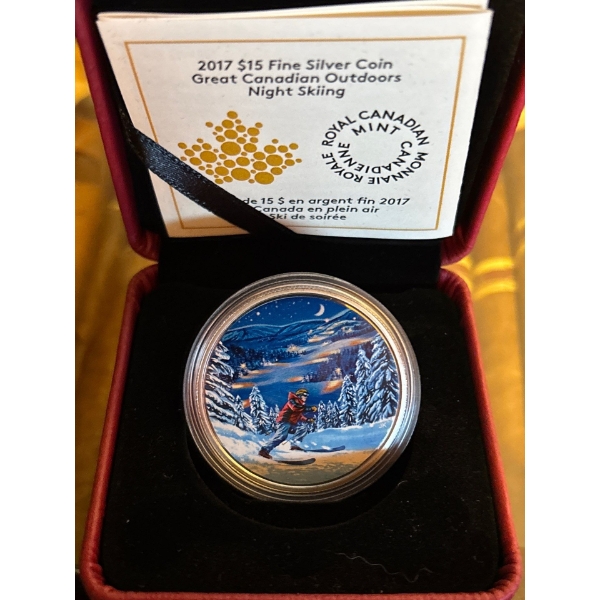 2017 $15 Great Canadian Outdoors: Night Skiing - Pure Silver Glow-in-the-Dark Coin