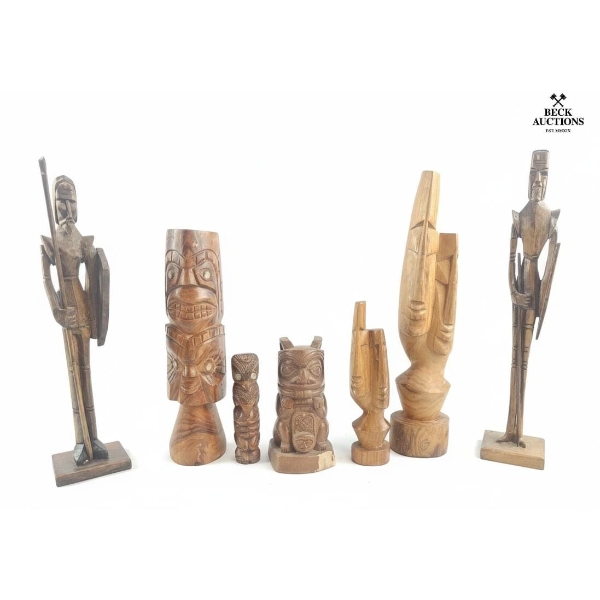 Collection Of Various Hand-Carved Wooden Sculptures,  Folk Art Pieces, Including Several Tiki Totems