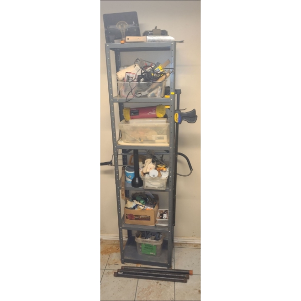 Metal Shelf with Contents (72"T, 18"W, 11"D)