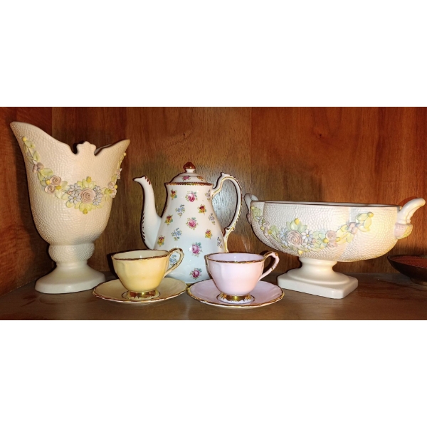 Two Paragon Mini Tea Cup & Saucer & Pretty Italy Made Vessels  8"tall Home Decor Galore
