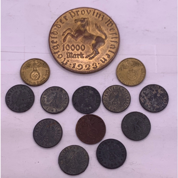 Collectable Set of German WWII Coins (ie. Pfenning) + Germany, Westfalia  10,000 MARK 1923 (Brass) 