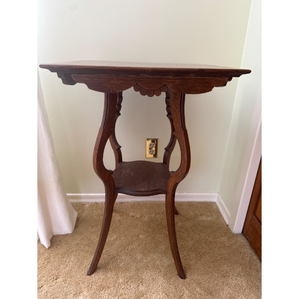 Antique Wooden Side Table With Ornate Detailing and Two Tier Design