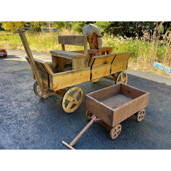 Hand built, mini horse drawn, carriages/wagons with handmade wooden rocking horse horse.