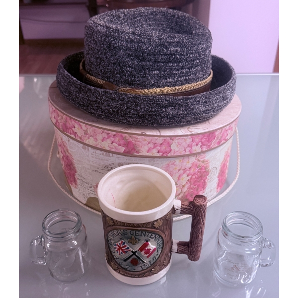 Gray Expression Hat, Canada's Centennial Mug, Mini Mason Jars, and Decorative Box