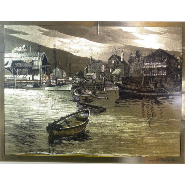 Vintage Framed Gold Foil Etching " San Pedro" by Lionel Barrymore