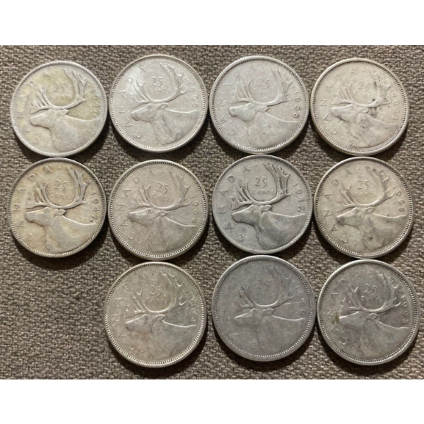 Canadian 25-cent Pieces 80% Silver 64.13 Grams