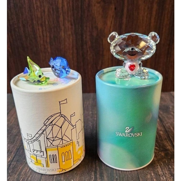 Swarovski Crystal Figurines: Bear with Heart and Two Fish with Original Boxes