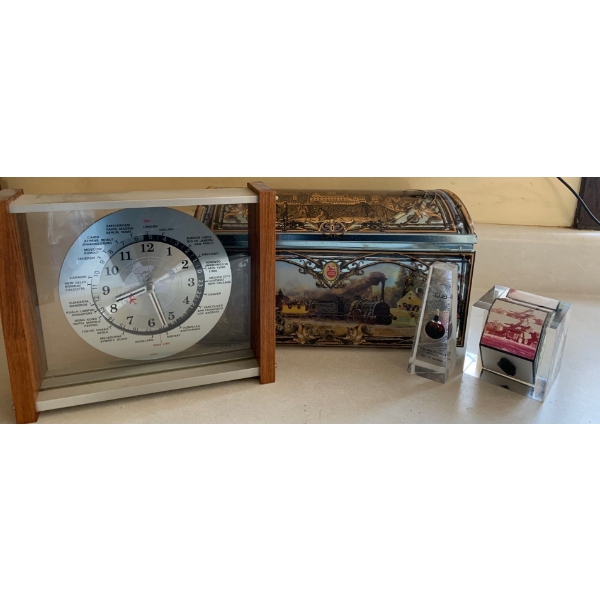 Mantel Clock Resin Paper Weights  w/ Tin Chest & Mystery Contents