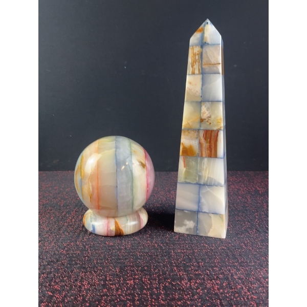 Two Mosaic Onyx Decorative Pieces - Obelisk and Sphere