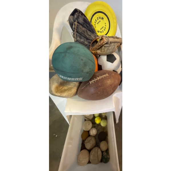 Assortment of Vintage Sport Balls w/ Baseball Gloves & Frisbee