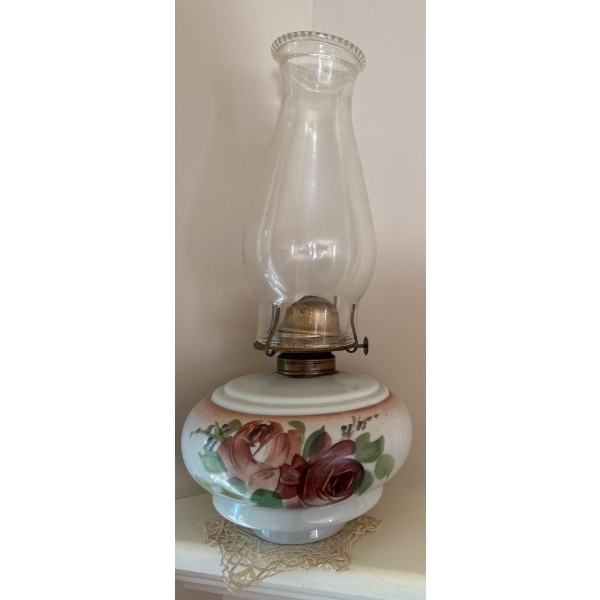 Hand Painted Antique Floral Kerosene/Oil Lamp On Milk Glass Base  14"tall