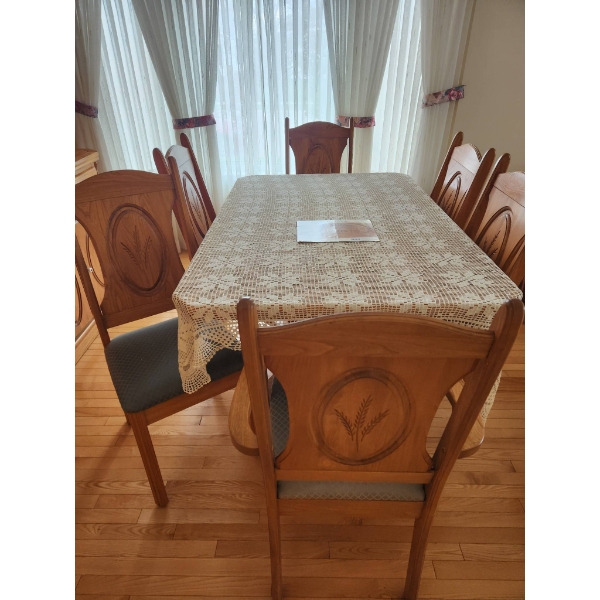 Elm Wood Dining Set by Meubles B. Brouillet, Table with 6 Chairs- 2 Leaves Included