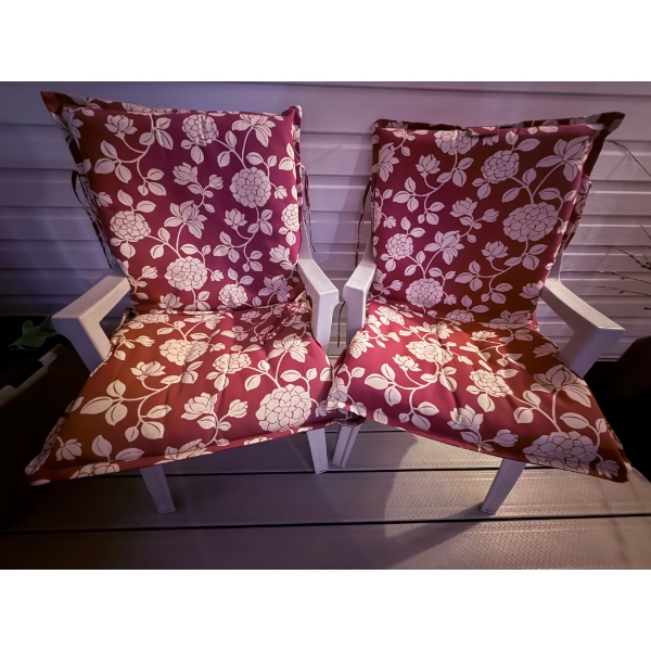 Two Outdoor Armchairs with Floral Cushions and Assorted Yard Maintenance Supplies