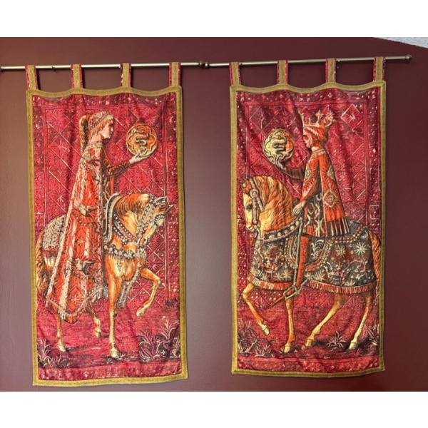 Vintage French Floral Tapestry, Medieval Style, w/ Poles - Together Measure ~50Wide