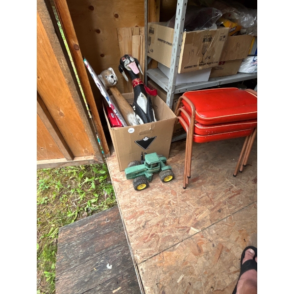 VIntage orange, stacking stools, diecast John Deere tractor two wooden cat sculptures, and small iro