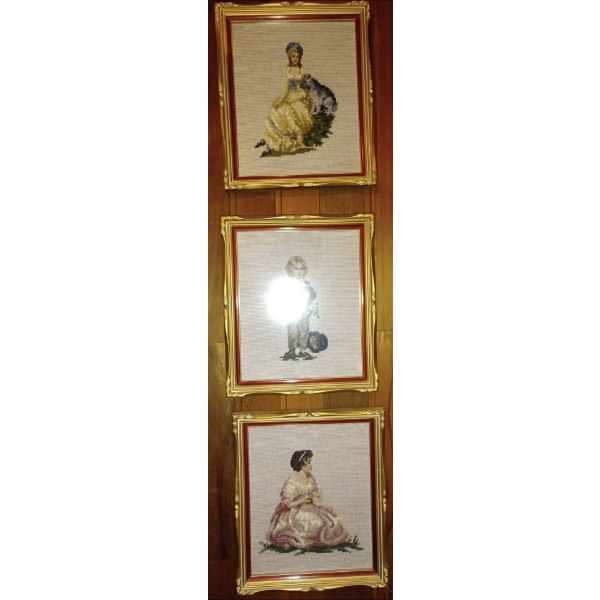 Three Handmade Needlepoint Embroidered Wall Hanging Framed Art
