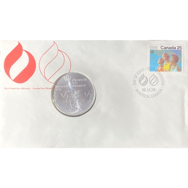 1976 Day of Issue Montreal Olympic Coin & Stamp 92.5% Silver 48.6 Grams