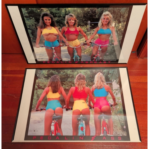 2 Framed 1986 Posters Titled 'Pedalin Abreast' & 'Pedalin Ass" No Explanation Needed