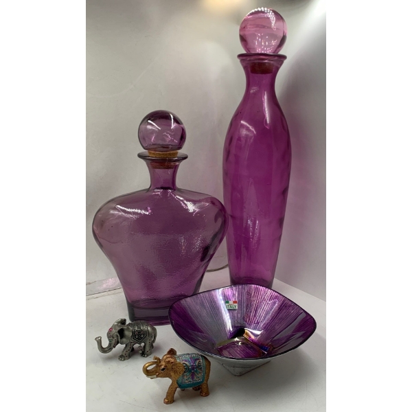 Decanter Style Amethyst Glass Vessels, Italian Plate & Lovely Elephant Trinkets 