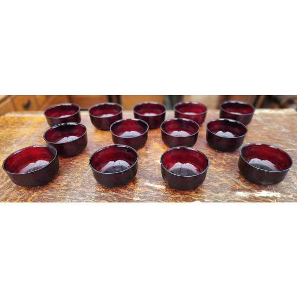 13 Dark Red Glass Bowls with Rounded Design