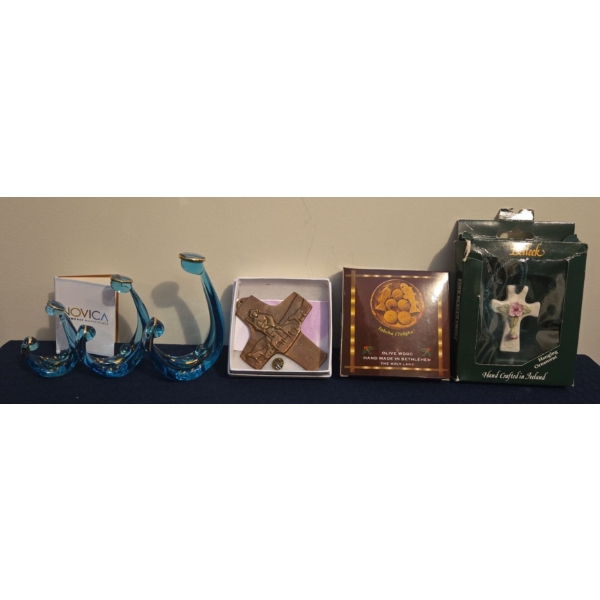 Religious Collection Including Tabcha Olive Wood Made in Bethlehem, Porcelain Cross, and More 