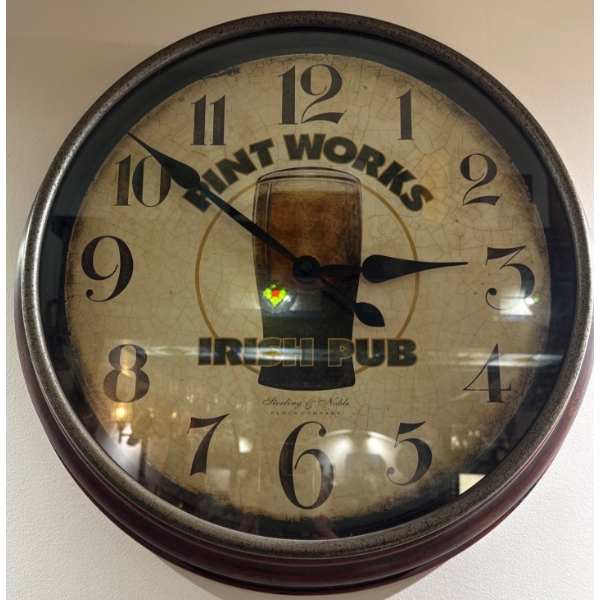 Sterling & Nobles "Pint Works Irish Pub" Wall Clock 19"diameter