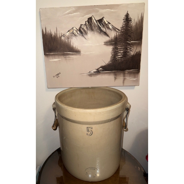 Antique Madelta 5 Crock w/ Original Art Works By Local Artist Doreen