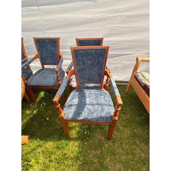 2 Oak Arm Chairs With Blue Velvet Seating Surface W22" H38"