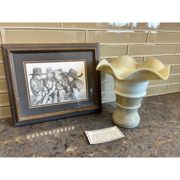 Alta glass from Medicine Hat. Decorative art glass vase and Pencil sketch framed by Bernie Brown 