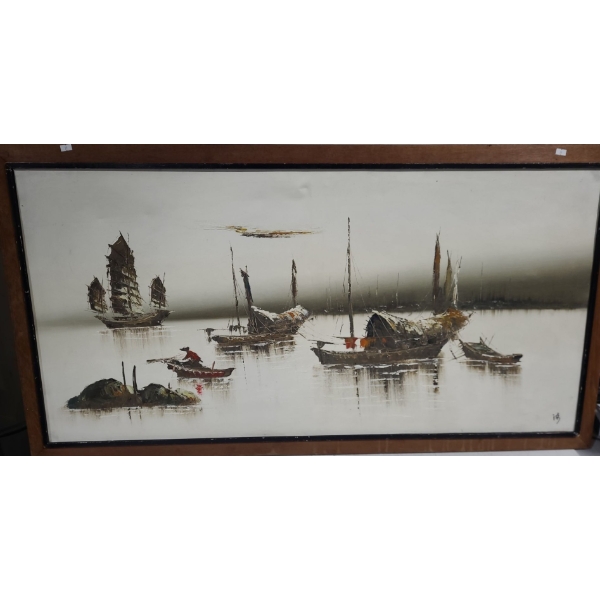 Painting of Asian Fishing Boats,  51.5 x 27.5 Paint on Canvas Framed and Signed 