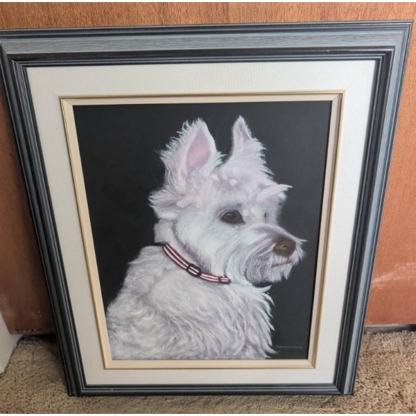 Framed Portrait of a White Dog by Sharon Jones, Signed