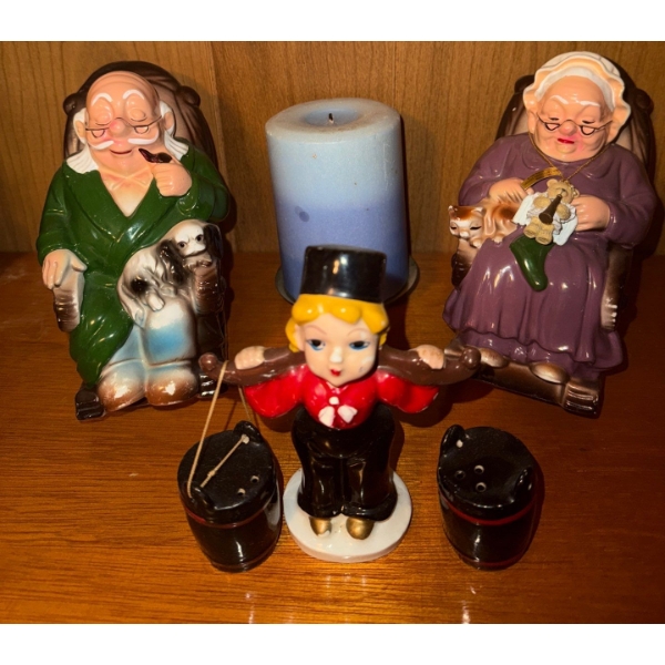 Vintage Rocking Chair Senior Citizen Figurines w/ Decorative S+P Shaker & More
