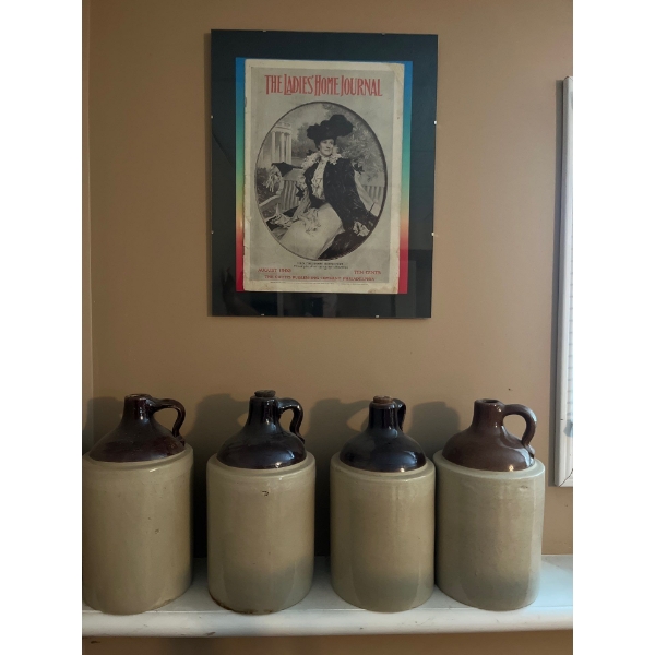Whiskey jugs X 4 and a vintage Edmonton Journal framed picture from 1902