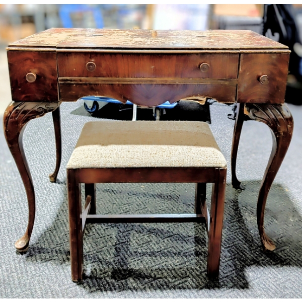 Vintage Honderich Dark Oak Bureau w/ Chair Upholstered In Tweed 36"x19"x33"