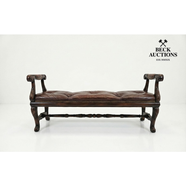 European Solid Wood Bench Tufted Brown Leather 60L x 17T x 18D