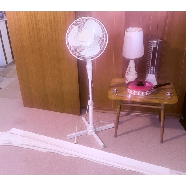 Home Essentials Including Floor Fan, Desk Table, and Blinds