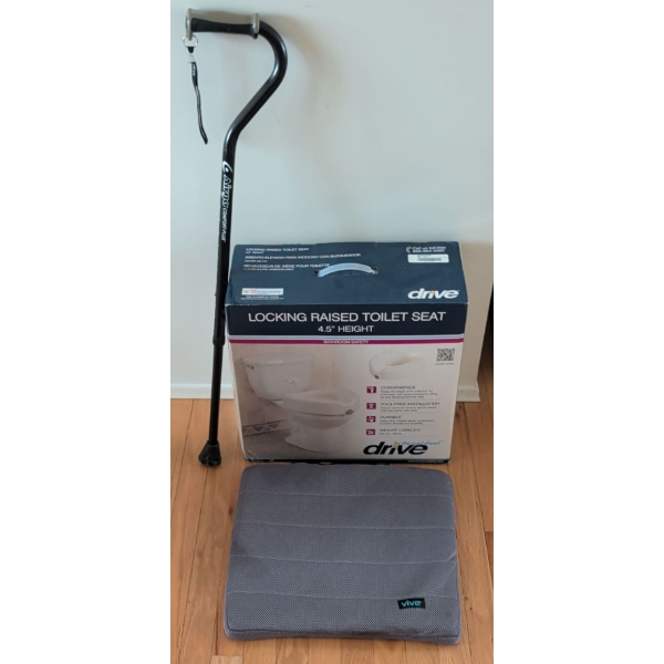 Health & Wellness Assortment - New Raised Toilet Seat Mobility Cane Posture Pillow